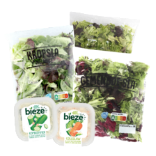 Bieze rauwkost schaal à 250 gram,
kropslamix, sla speciaal, krulslaof
eikenbladsla melange
zak à 100/125 gram